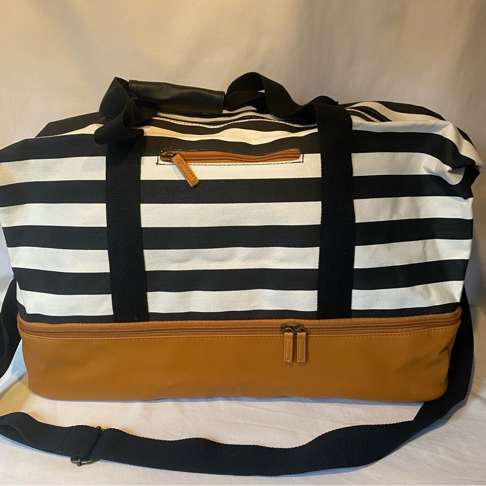 DSW Black and White Striped Tote with Brown Accents